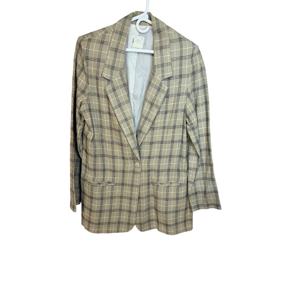 TR Bentley tan and black plaid single-button blazer Linen Blend size Medium